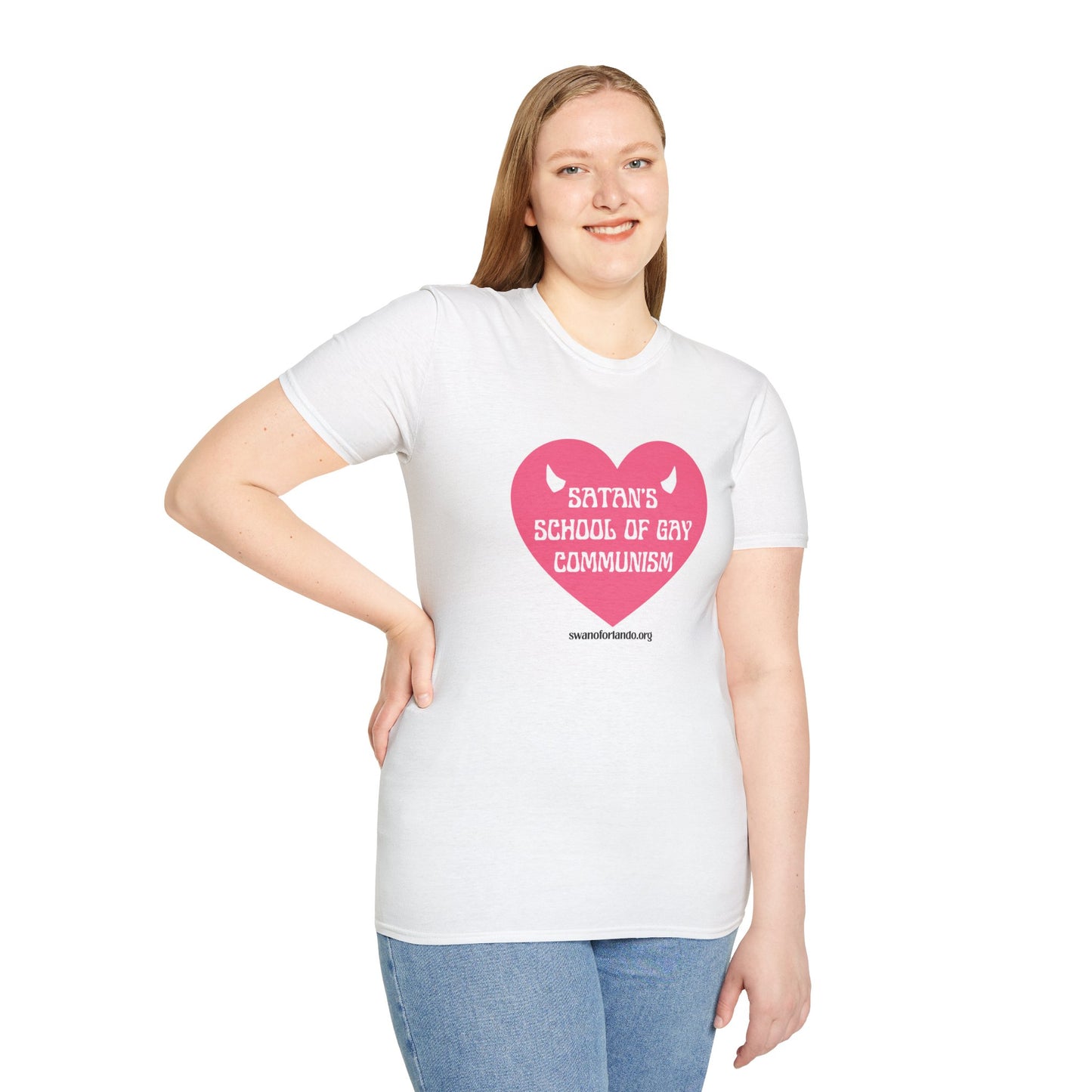 "Satan's School of Gay Communism" Pink Heart Graphic T-Shirt