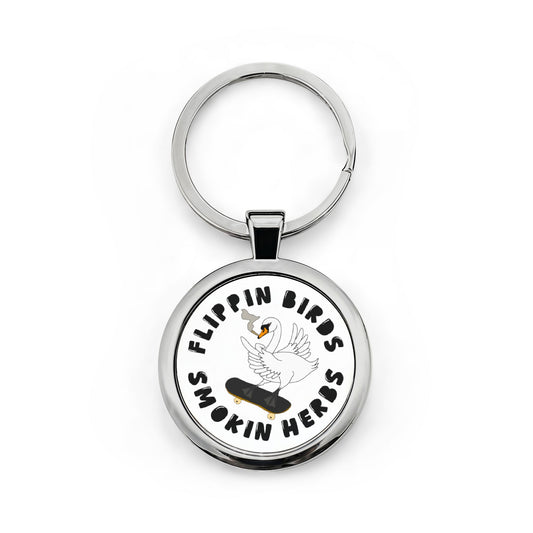 Flippin' Birds Smokin' Herb Round Stainless Steel Keychain