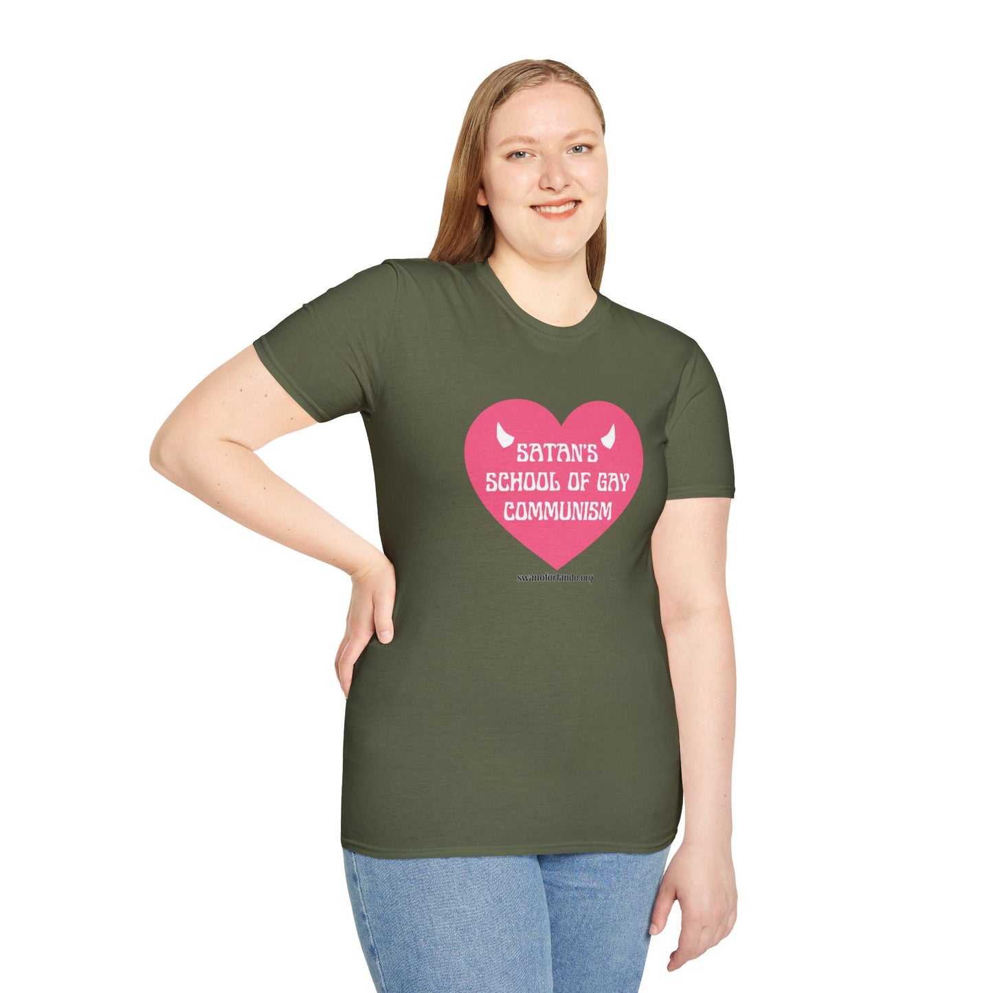 "Satan's School of Gay Communism" Pink Heart Graphic T-Shirt