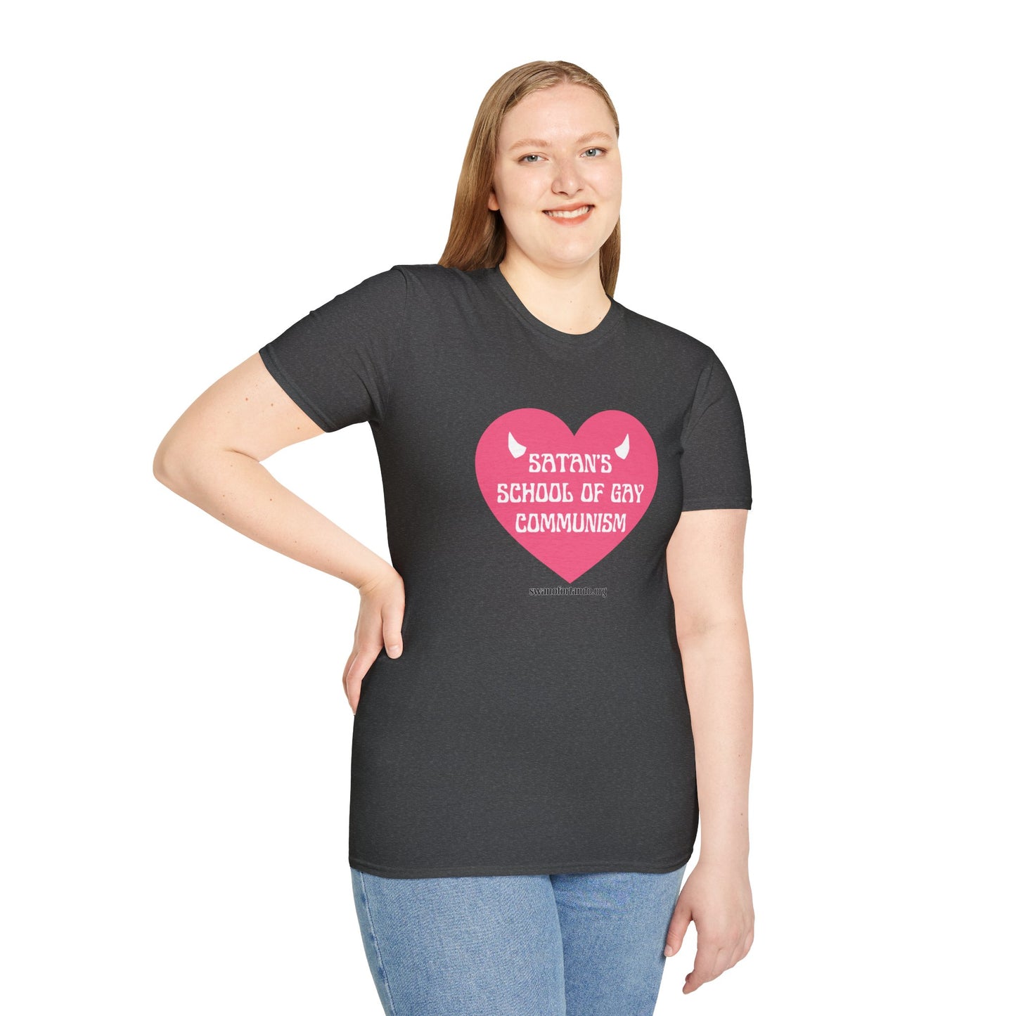 "Satan's School of Gay Communism" Pink Heart Graphic T-Shirt
