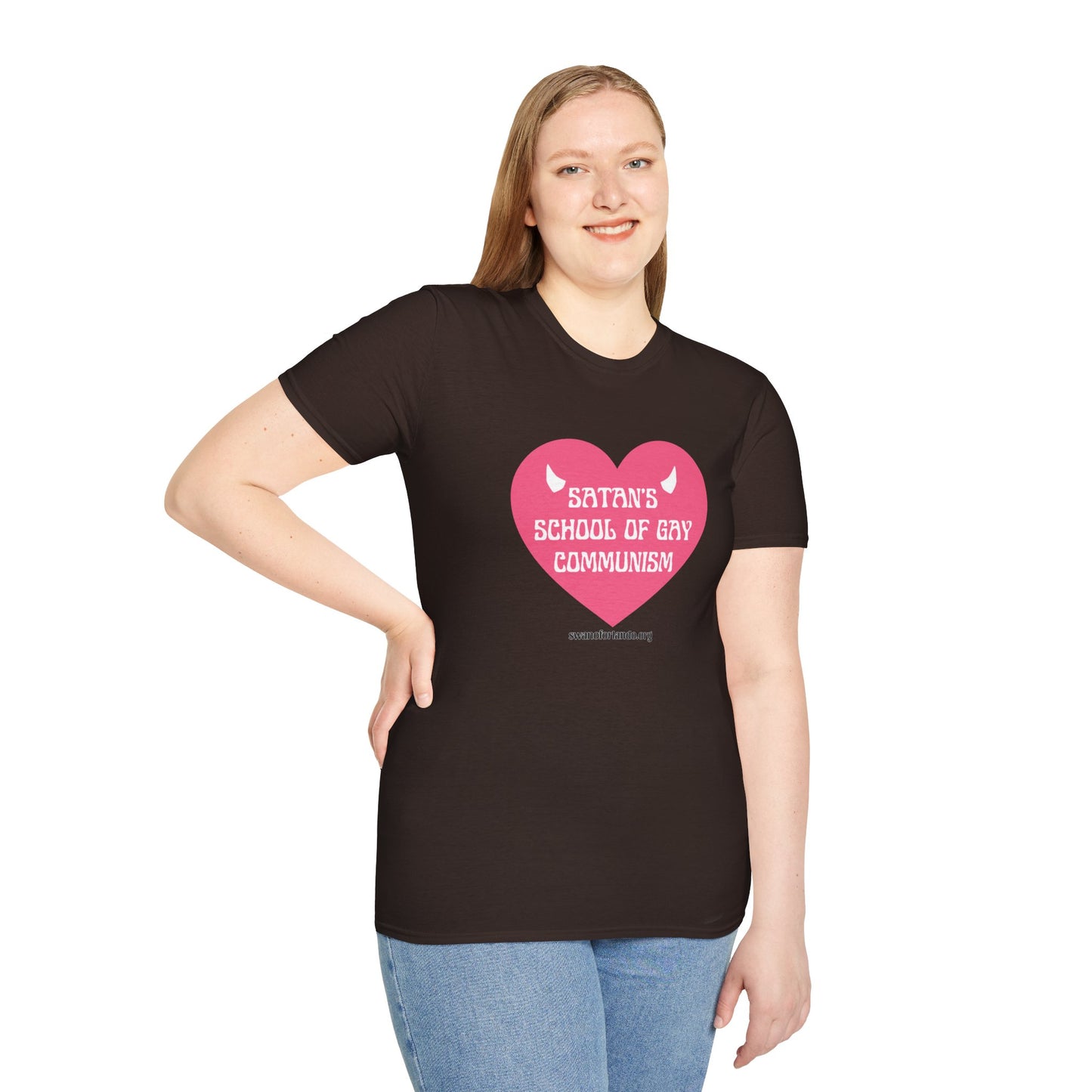 "Satan's School of Gay Communism" Pink Heart Graphic T-Shirt
