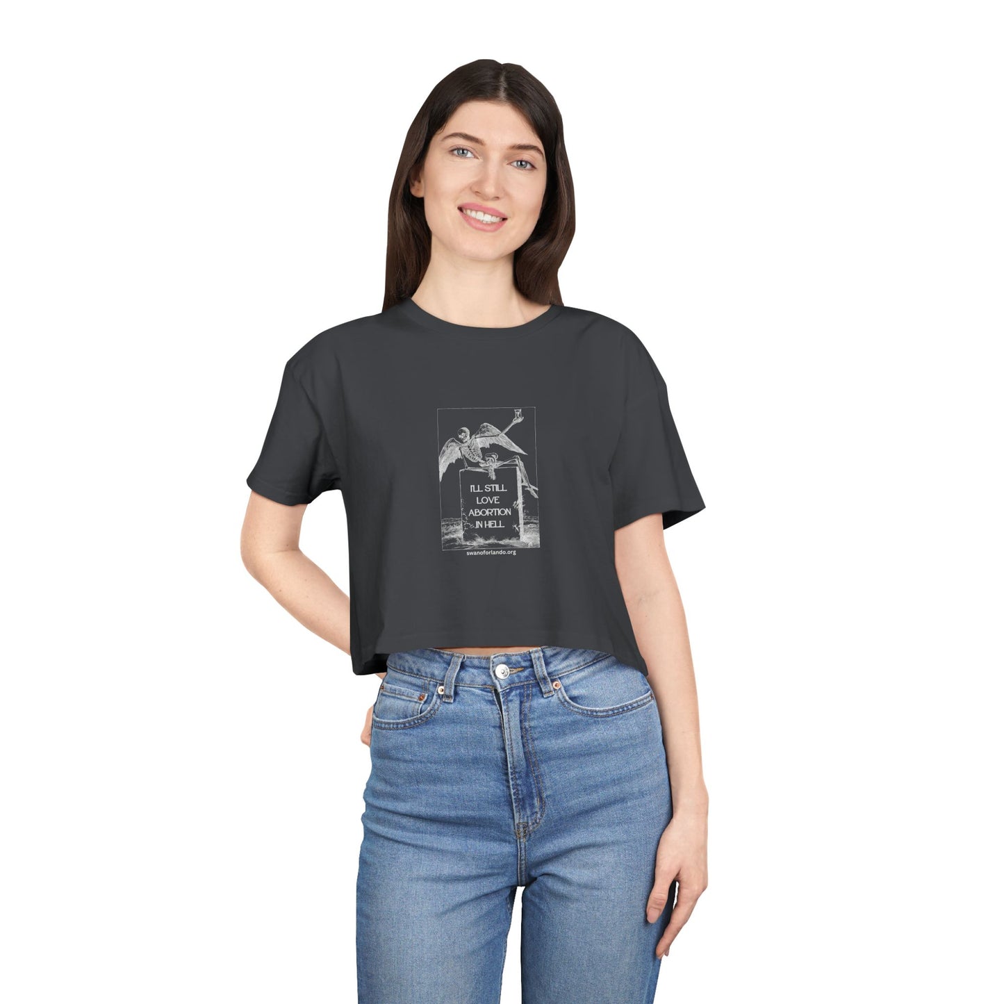 Crop Tee — “I'll Still Love Abortion in Hell” Feminist Graphic Crop Top