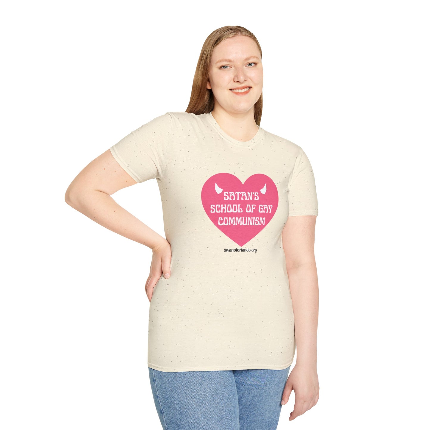 "Satan's School of Gay Communism" Pink Heart Graphic T-Shirt